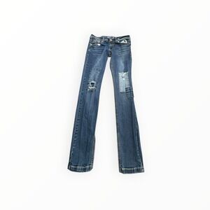 What About Me Jeans Bootcut Womens 7/8 Blue‎ Patchwork Distressed Stretch Denim